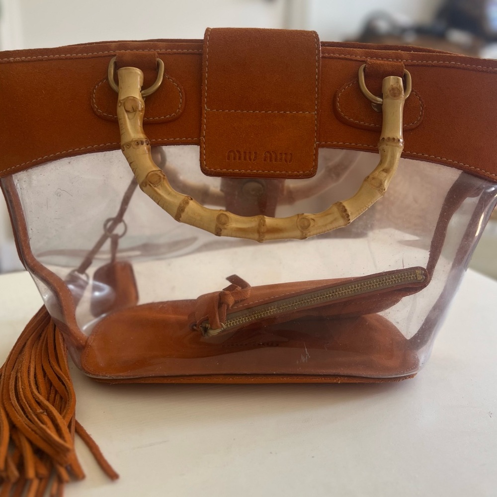 Miu Miu Clear PVC Tote with Orange Suede Trim and Bamboo Handles - Picture 6 of 14